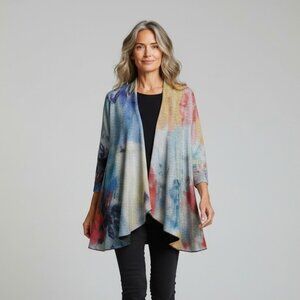 Radzoli Watercolor Open Front Draped Cardigan Multicolor Artistic Print Size XL